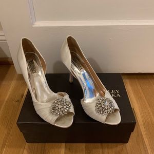 White Satin open toe pump with rhinestone cluster